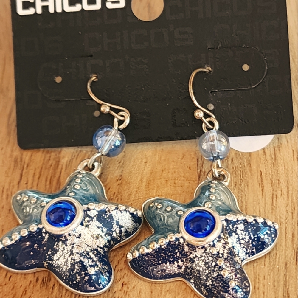 Starfish Earrings of blue and silver toned enamel with center blue rhinestone.